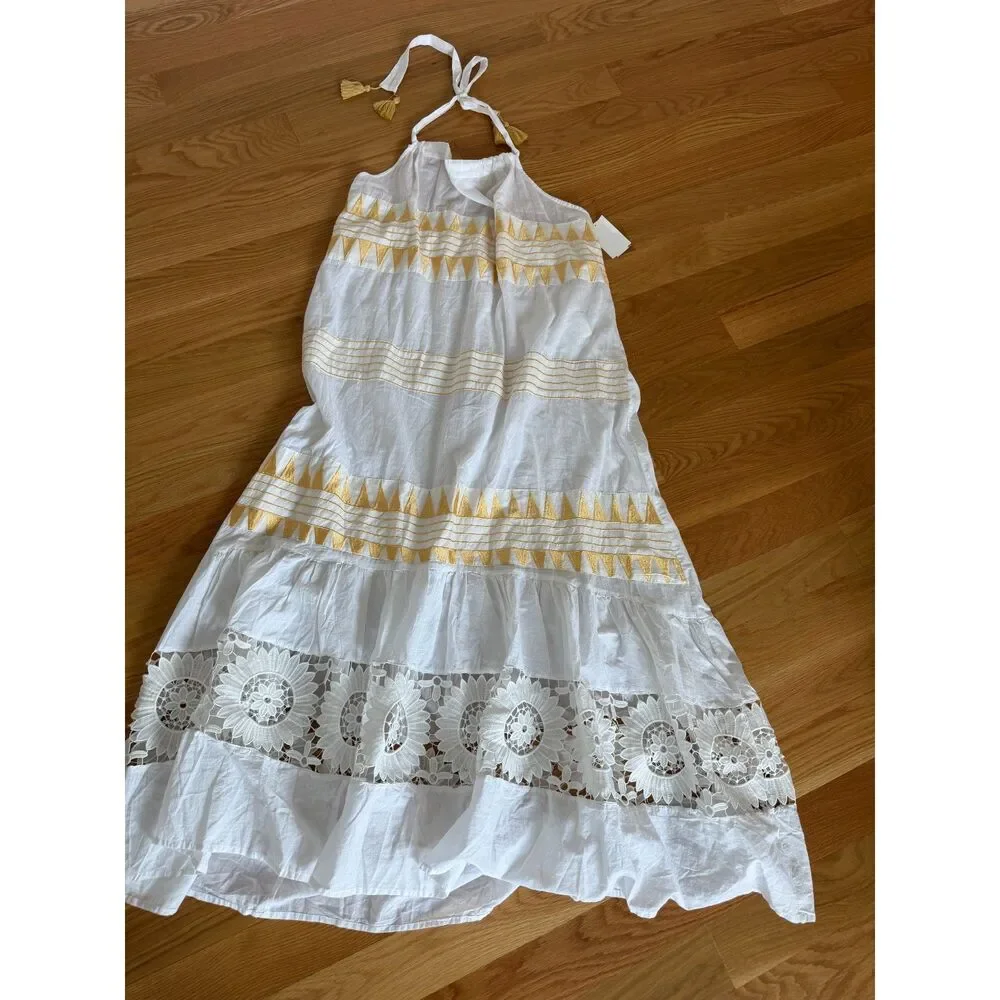 Ranees Halter Cotton Maxi Sundress White Gold Geometric Embroidery S/M NWOT - Picture 3 of 7